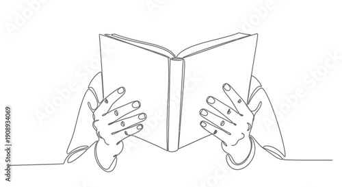 Hands holding a book, single line drawing, minimalist, white background