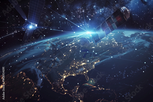 Orbiting satellite network around Earth with laser connections