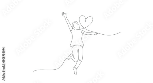 Joyful woman jumping with heart, single line drawing