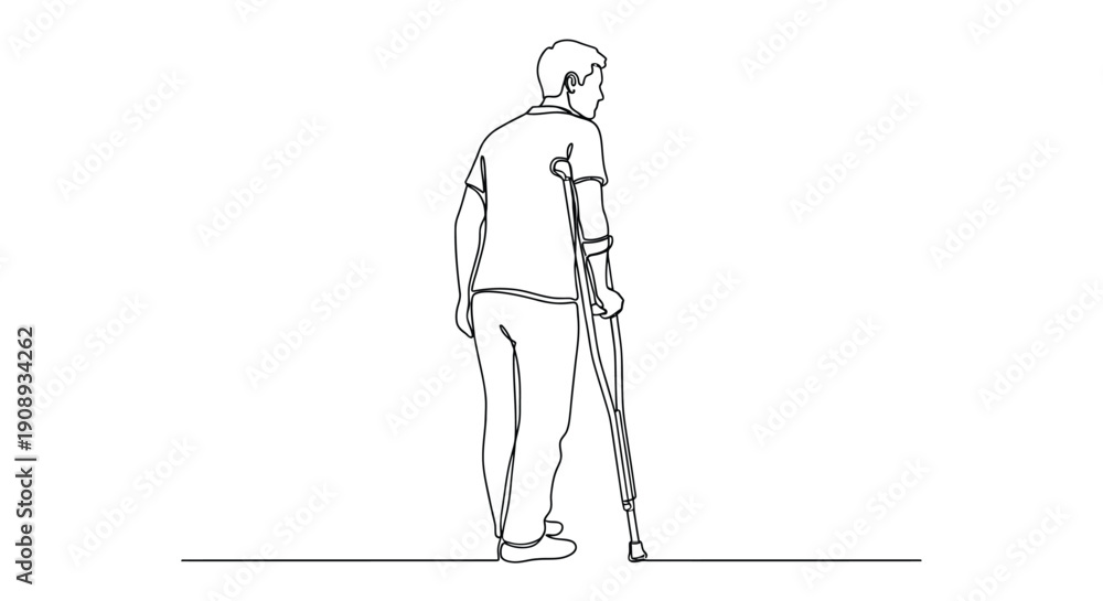 Fototapeta premium Man with Crutches Walking Away Single Line Art