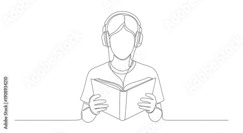 Person Listening to Music Reading Book Single Line Art