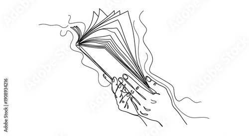 Hands Flipping Book Pages Single Line Art