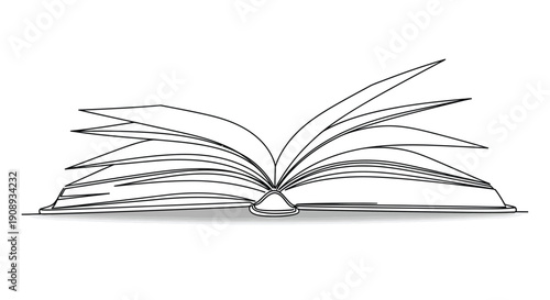 Open Book with Windblown Pages Single Line Art