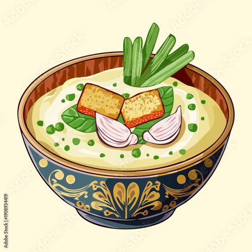 Vegetable soup bowl with spring onion croutons and creamy texture for a healthy daily meal - Vector Illustration