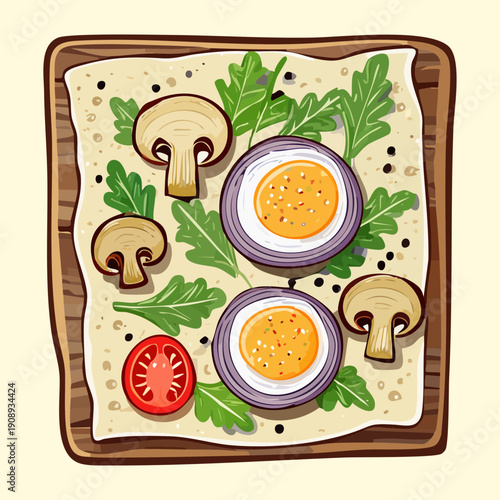 Square flatbread pizza topped with boiled eggs mushrooms tomatoes and fresh green arugula leaves decoration - Vector Illustration