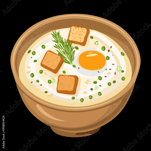 Bowl of creamy herb soup with fried egg and croutons served for a nutritious lunch - Vector Illustration