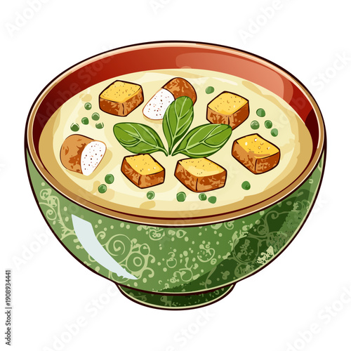 Hot bowl of vegetable cream soup with croutons and basil leaves for healthy dinner dish - Vector Illustration