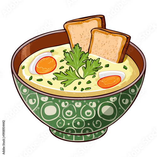 Delicious creamy soup bowl with toast bread croutons and fresh green herb garnish for meal - Vector Illustration