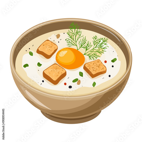 Hearty bowl of creamy soup with fried egg croutons and fresh dill herb for lunch - Vector Illustration