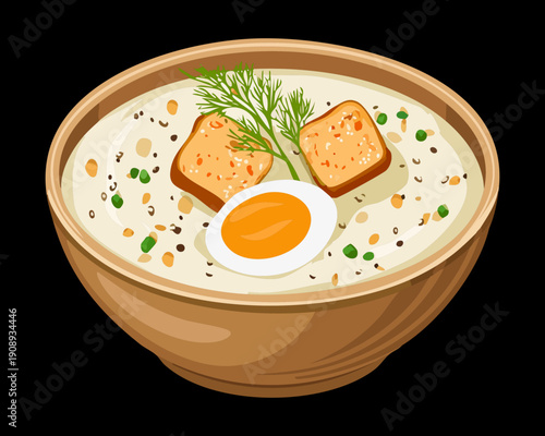 Creamy vegetable soup bowl with croutons and a fried egg garnish for healthy lunch meal - Vector Illustration