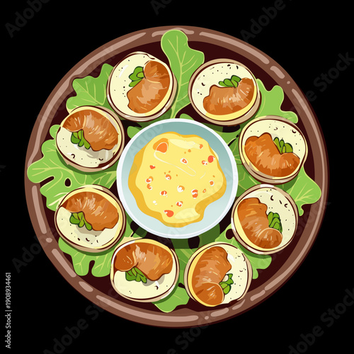 Assorted appetizer platter with various small bites and dipping sauce in the center of plate - Vector Illustration