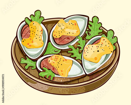 Plate of cooked oysters with melted cheese and fresh green salad garnish for seafood appetizer - Vector Illustration
