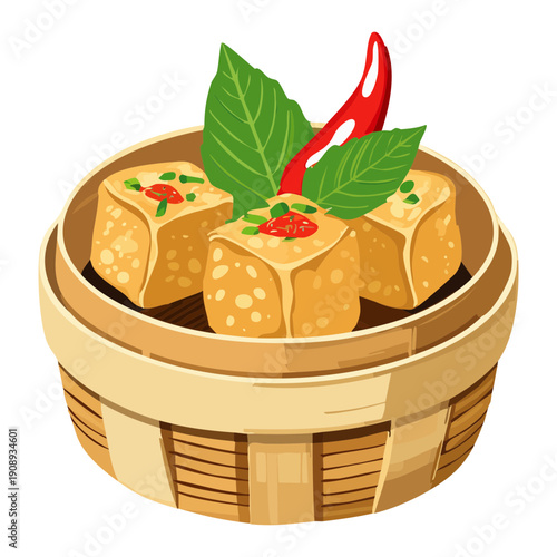 Traditional steamed tofu in bamboo basket with fresh green leaves and red chili pepper garnish - Vector Illustration