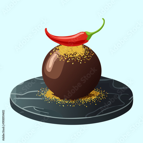 Sweet chocolate truffle dessert with red chili pepper garnish served on round dark stone plate - Vector Illustration