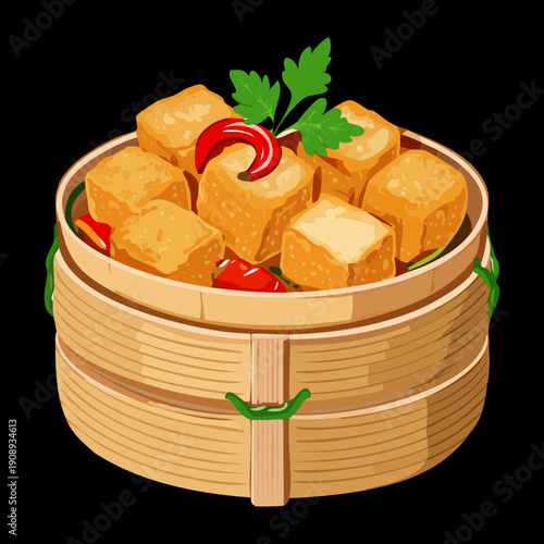 Steamed tofu cubes in bamboo basket steamer garnished with red chili and green herb leaf - Vector Illustration