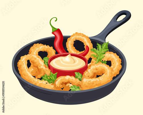 Crispy fried squid rings appetizer in pan with spicy dipping sauce and fresh herb decoration - Vector Illustration