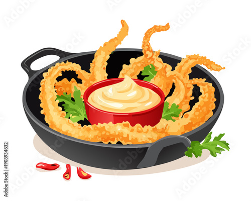 Deep fried crispy onion rings served in black pan with creamy mayonnaise dip and garnish - Vector Illustration