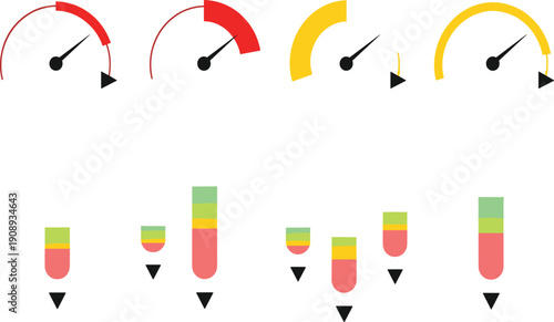 Colorful infographic gauge meter set with speedometer dials and vertical progress bars for credit score dashboard data visualization