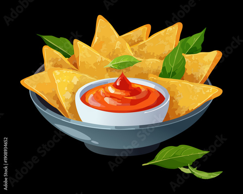 Plate of golden tortilla chips with spicy red salsa dipping sauce for mexican food appetizer - Vector Illustration