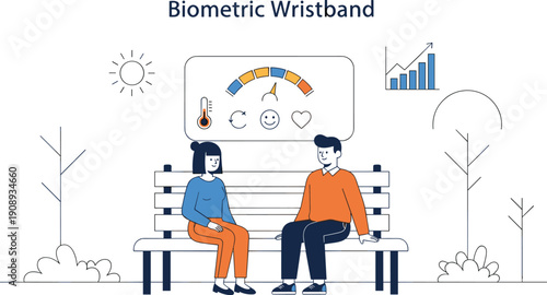 Advanced biometric wristband technology concept featuring a couple sitting on a park bench monitoring health data heart rate and temperature