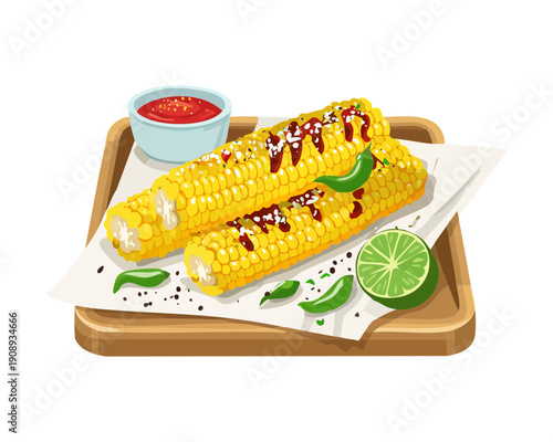 Roasted corn cobs with spice powder and lime slices served on dark wooden platter tray - Vector Illustration