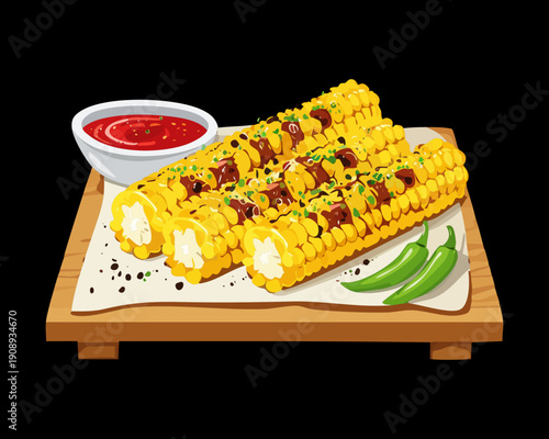 Three grilled corn cob halves with herb butter and chili seasoning on wooden tray plate - Vector Illustration
