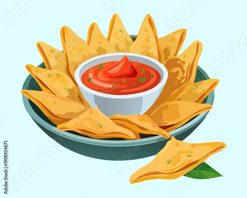 Large plate of crispy yellow nachos chips served with spicy tomato salsa dipping sauce bowl - Vector Illustration