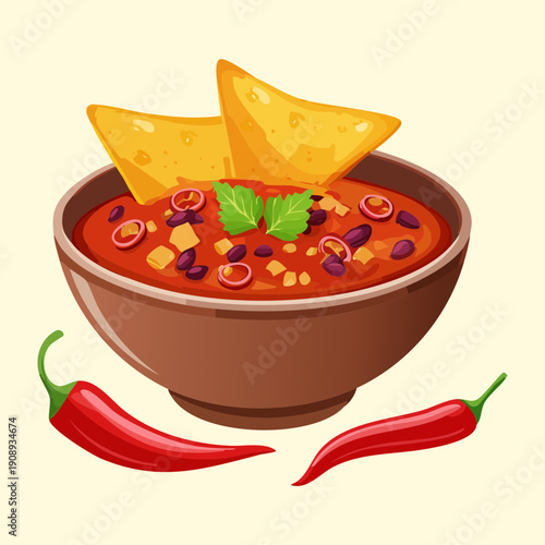 Bowl of spicy mexican chili con carne with beans and red chili peppers garnish decoration - Vector Illustration