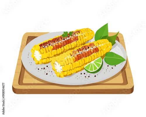 Two roasted corn cobs with fresh lime slices and salt seasoning on wooden board kitchen table - Vector Illustration