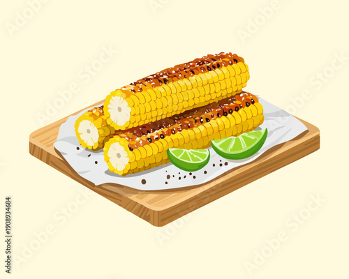 Grilled sweet corn on cob with lime wedges and chili powder seasoning served on wooden tray - Vector Illustration