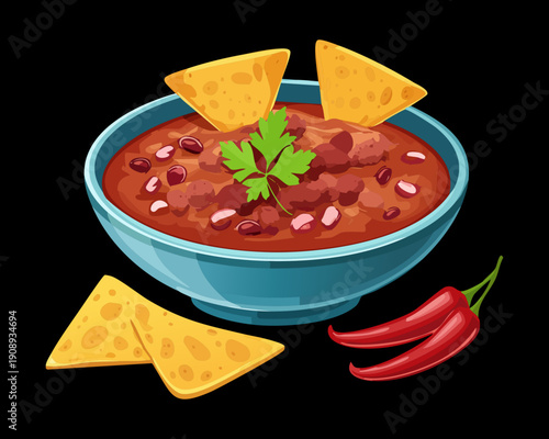 Spicy Mexican chili with beans and nachos for a warm and delicious comfort food meal - Vector Illustration