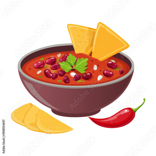Bowl of spicy bean chili with nachos and peppers for a hearty and flavorful meal - Vector Illustration