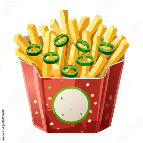 Crispy potato fries with cheese sauce and spicy chili for a flavorful fast food meal - Vector Illustration