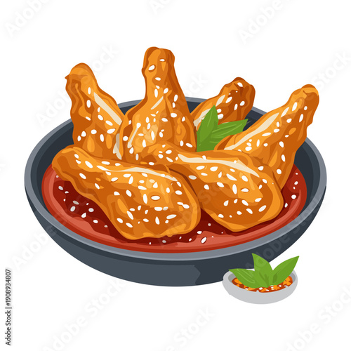 Spicy fried chicken wings in a bowl for a flavorful and crunchy appetizer or snack - Vector Illustration