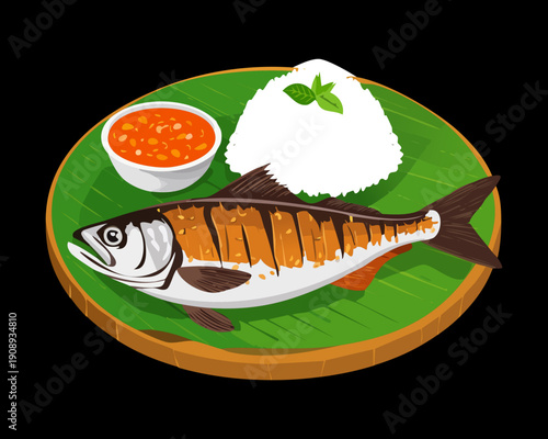 Traditional grilled fish with rice and sambal sauce served on a green banana leaf plate - Vector Illustration