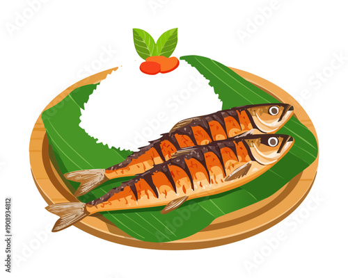 Two grilled fish served with white rice on a banana leaf for a healthy meal - Vector Illustration