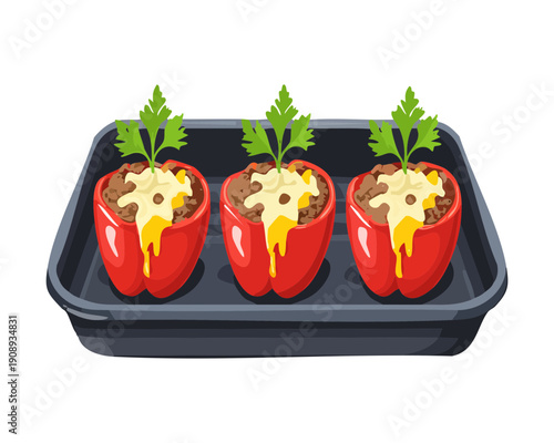 Healthy stuffed red peppers in a tray for a nutritious and flavorful family dinner meal - Vector Illustration