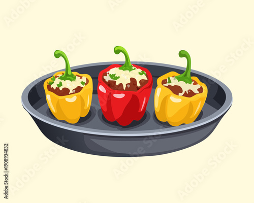 Three stuffed peppers in a pan for a healthy and colorful vegetarian or meat dish - Vector Illustration