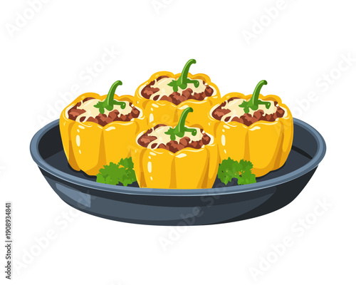 Stuffed yellow bell peppers with meat and herbs for a delicious and healthy dinner meal - Vector Illustration