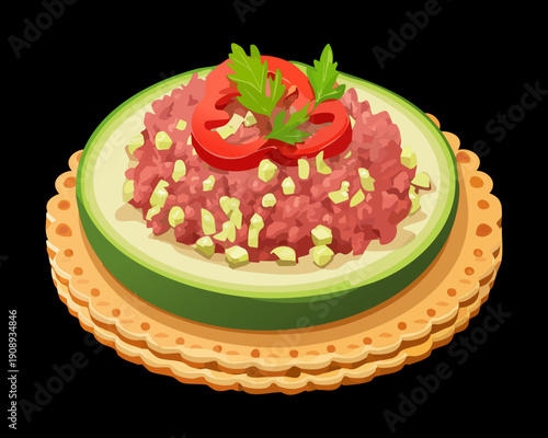 Gourmet avocado snack with tomato and onion salad on a crispy base for healthy eating - Vector Illustration