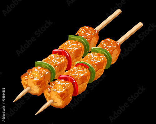 Spicy grilled meat skewers with peppers and chili for a perfect party snack or dinner - Vector Illustration