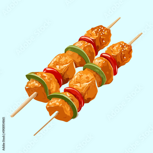 Tasty chicken kebabs with vegetables on wooden skewers for a healthy and flavorful grilled dish - Vector Illustration