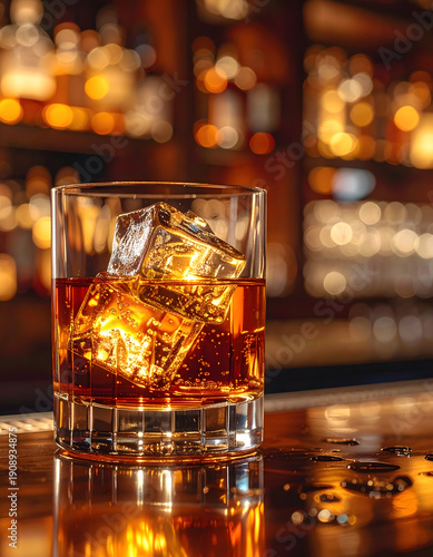 Whiskey with ice cubes in a glass on a bar counter, blurred background of bottles and lights