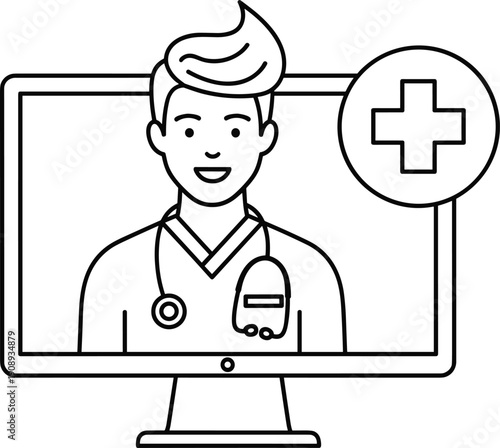 Online doctor consultation on computer screen with medical cross icon for telemedicine virtual healthcare and remote physician services vector