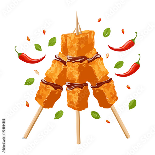 Grilled chicken skewers with red peppers and spices for a delicious and spicy appetizer meal - Vector Illustration