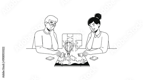 Puzzle lovers working together on a challenging jigsaw puzzle game
