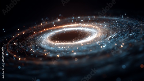 Spiral galaxy made of glowing binary code, digital light trails forming a vortex in deep space, ultra-realistic cosmic data stream, 