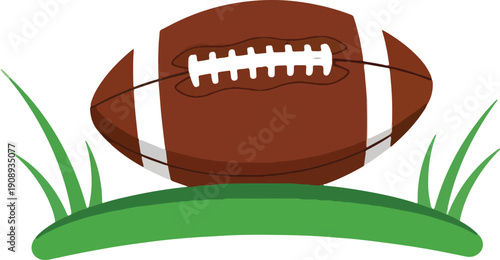 American Football Game Illustration with Green Grass Field and White Stripes on Ball
