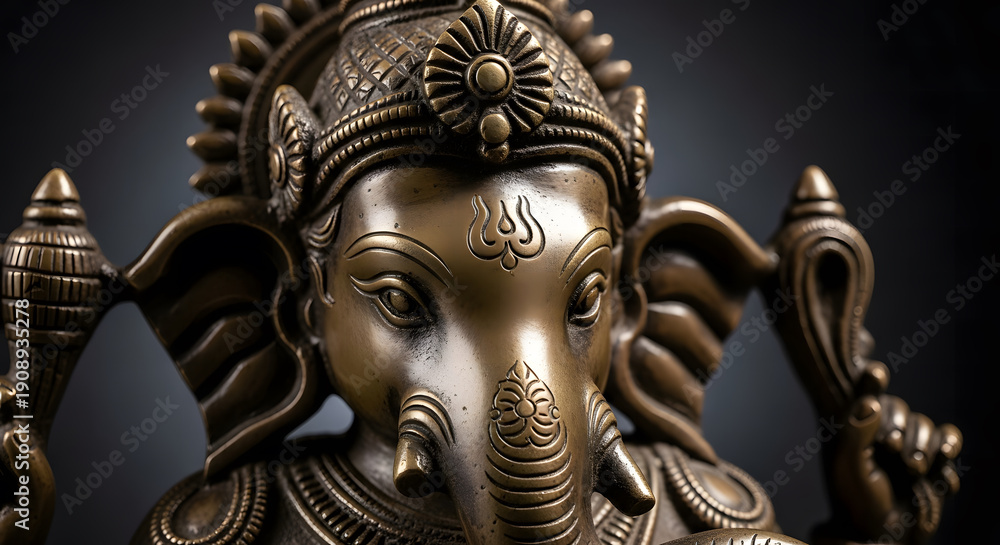 Fototapeta premium Detailed Closeup of Ganesha Sculpture Crafted in Bronze Metal Ag