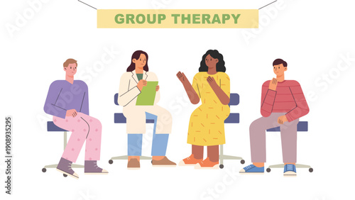 Psychologist leads group therapy session with diverse patients sitting in chairs